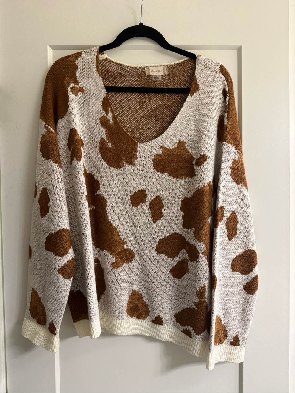 Altar'd State Cream and Brown V-Neck Spot Pattern Sweater